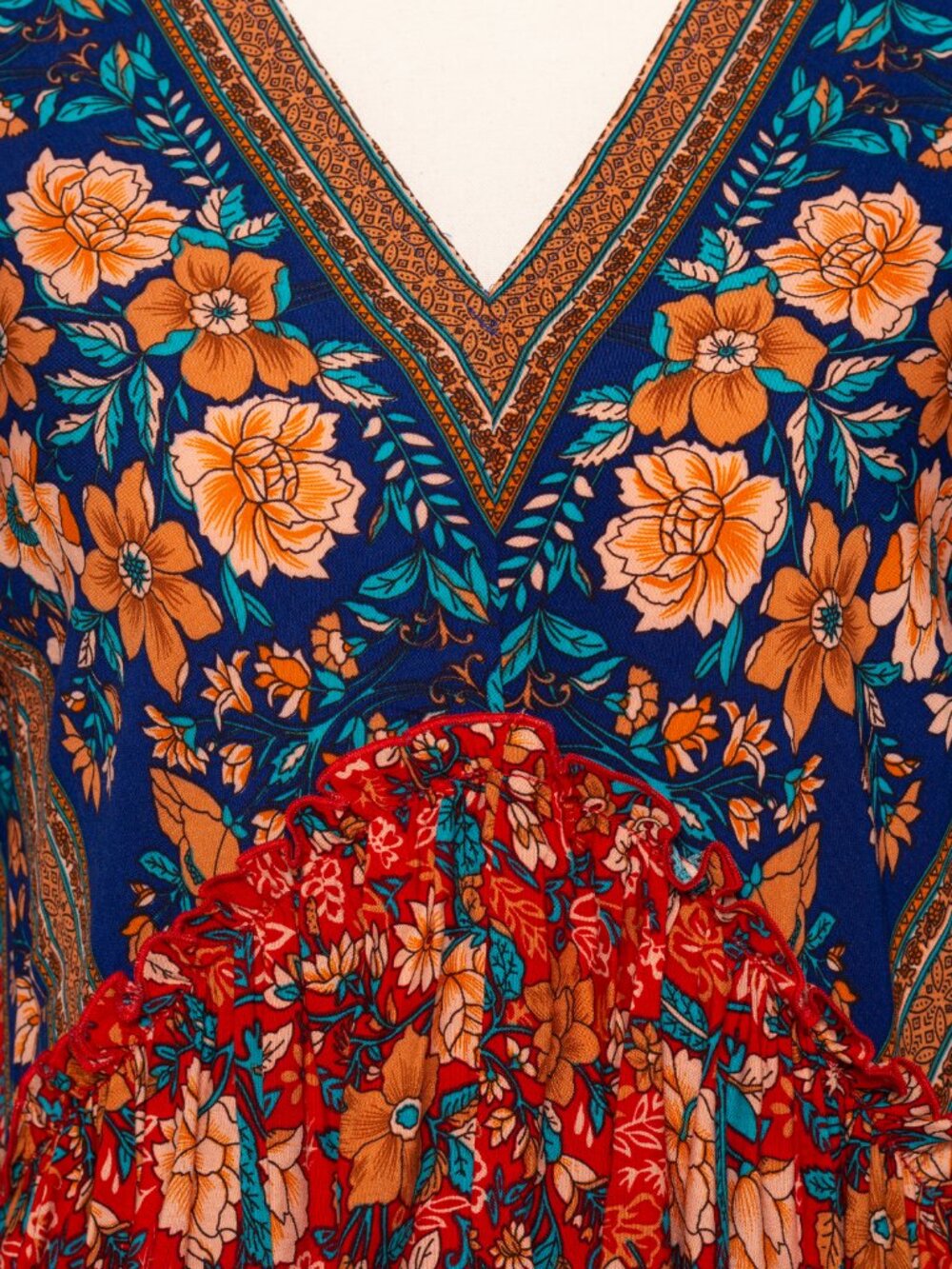 Boho Peasant Floral Mixed Pattern V-Neck Babydoll Mini Dress NWT Small Red Blue - Picture 3 of 12